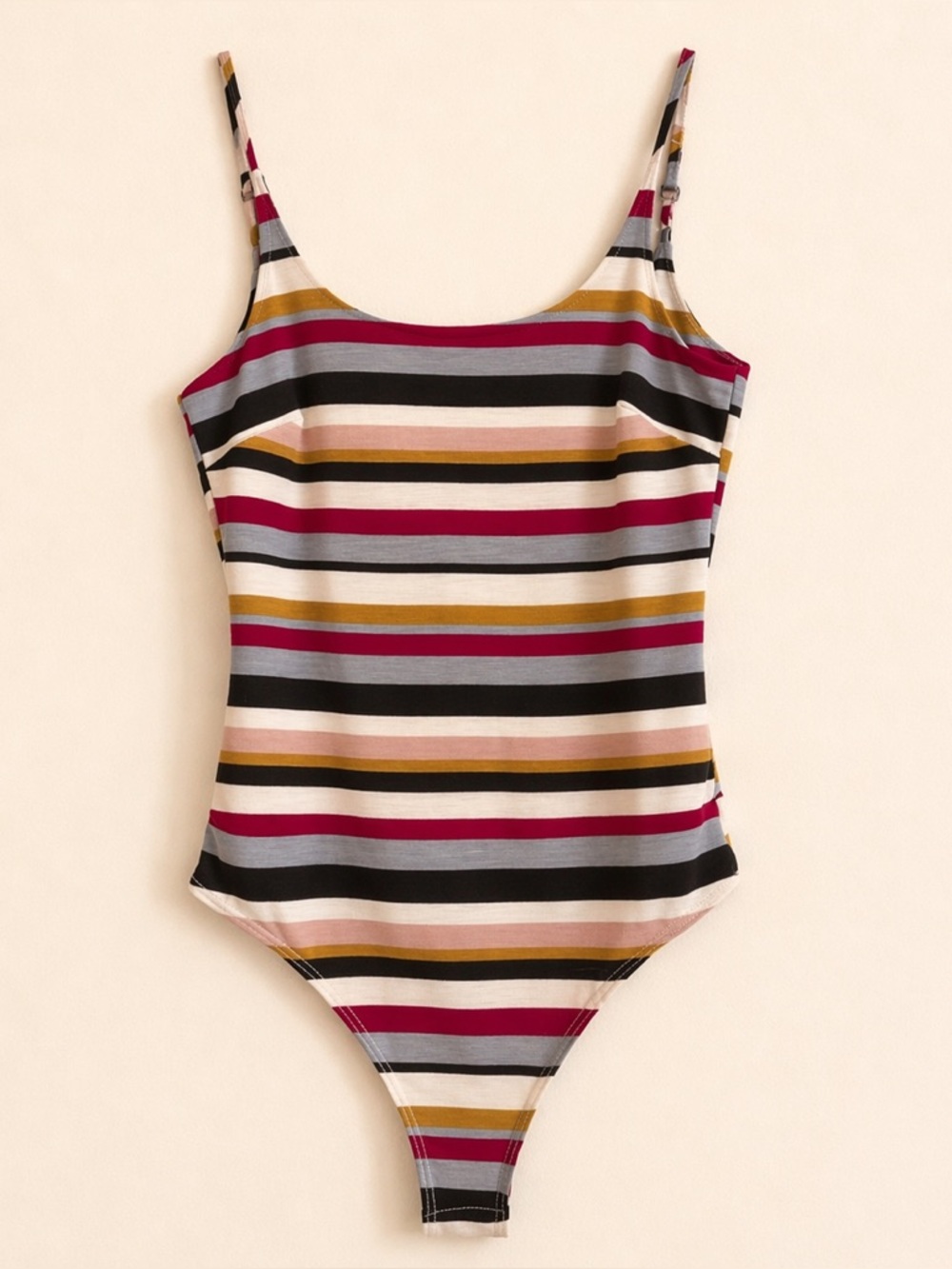 Lulu's Multicolor Striped Scoop Neck Bodysuit in Magenta, Mustard & Black